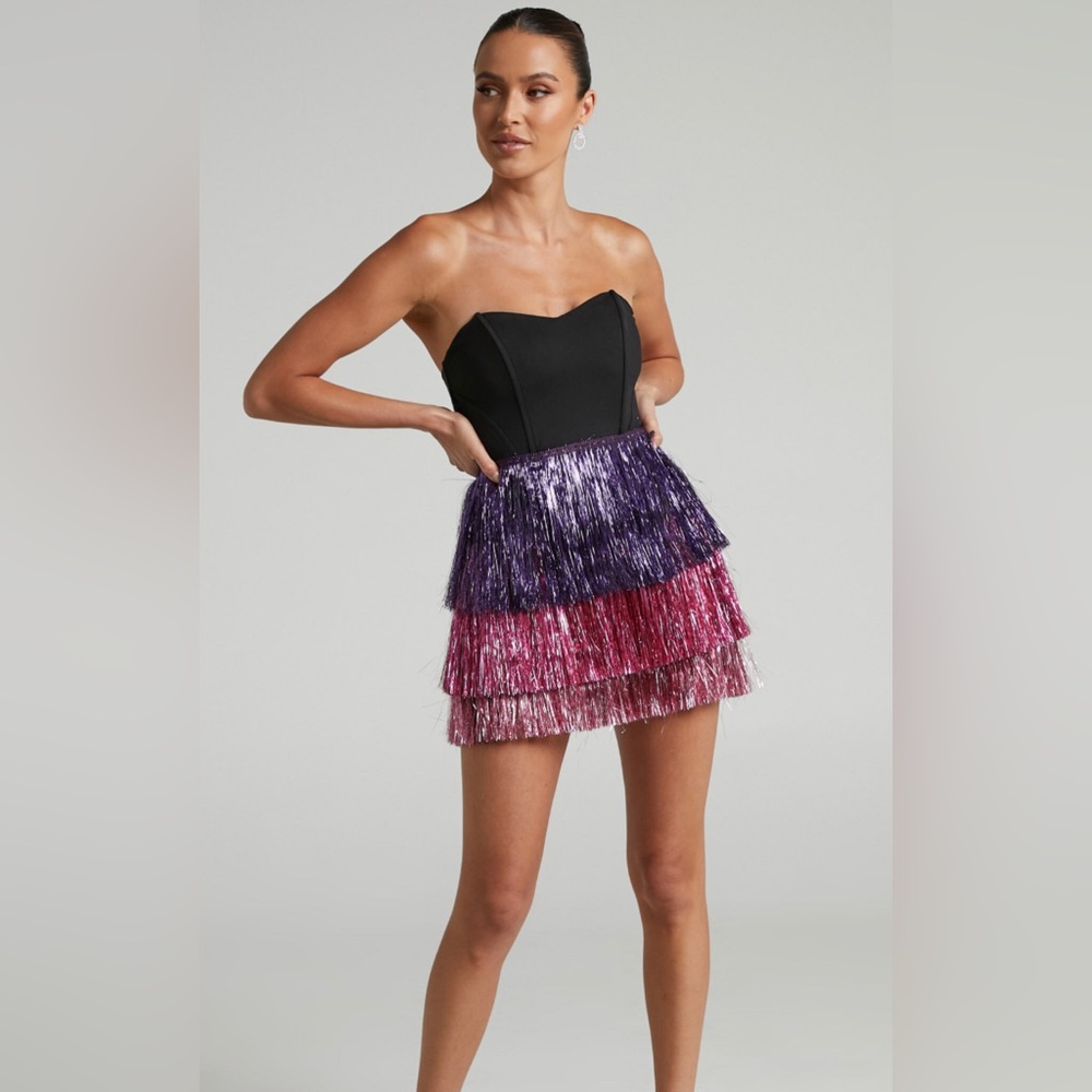 SHOWPO FLOSSIE MINI DRESS - SWEETHEART FRINGE LAYERED DRESS IN BLACK SIZE US 6